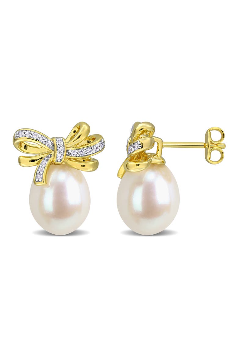 Sterling Silver Created White Sapphire and Cultured Pearl Bow Stud Earrings, Main, color, WHITE GOLD