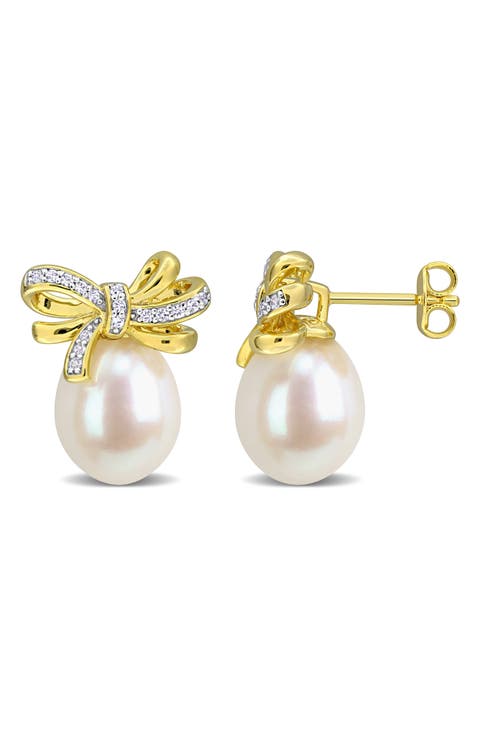 Sterling Silver Created White Sapphire and Cultured Pearl Bow Stud Earrings