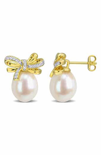 Sterling Silver Created White Sapphire and Cultured Pearl Bow Stud Earrings