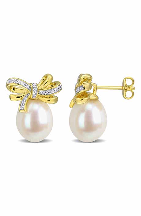 Sterling Silver Created White Sapphire and Cultured Pearl Bow Stud Earrings