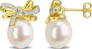 DELMAR Sterling Silver Created White Sapphire and Cultured Pearl Bow Stud Earrings