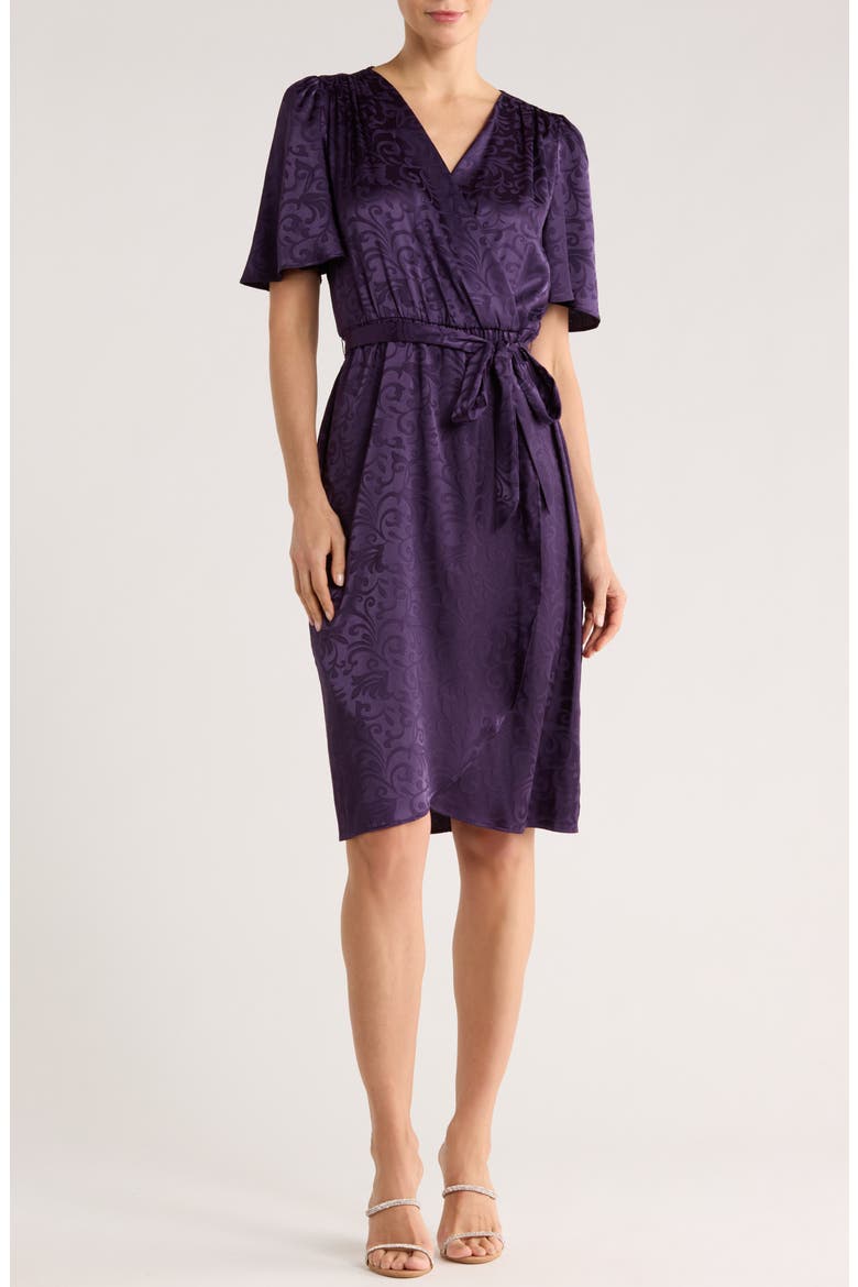 Floral Satin Jacquard Wrap Front Dress, Main, color, EGGPLANT