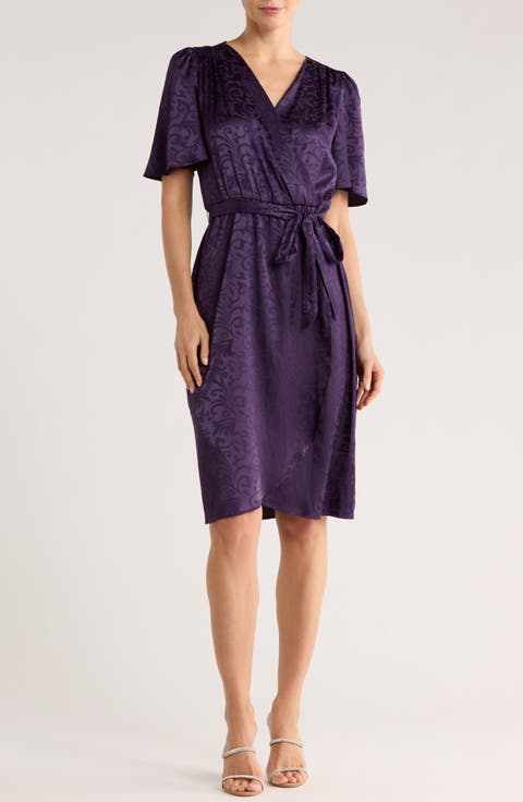 Floral Satin Jacquard Wrap Front Dress