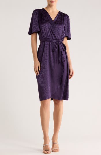 Connected Apparel Floral Satin Jacquard Wrap Front Dress In Purple