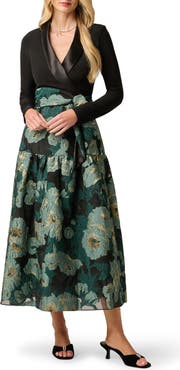 Adrianna Papell Long Sleeve Floral Jacquard Gown