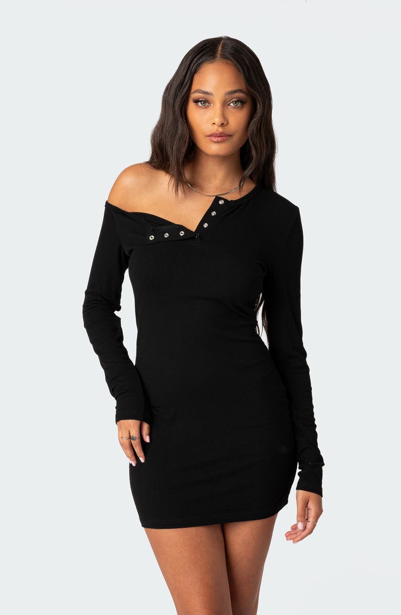 EDIKTED Soleste Long Sleeve Rib Henley Minidress, Alternate, color, Black