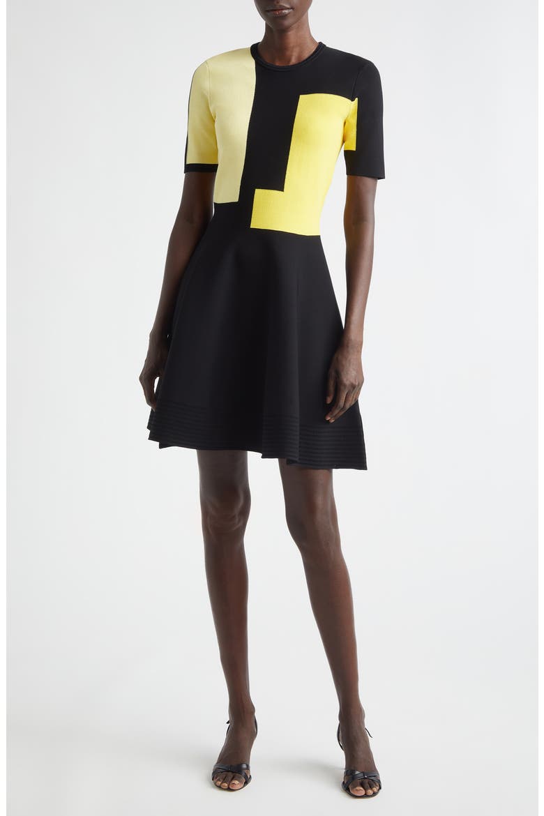 Collage Colorblock Jacquard Knit Fit & Flare Minidress, Main, color, BLACK