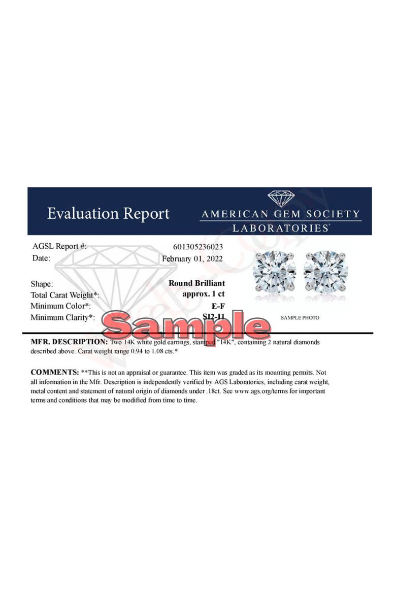 Certified 14K White Gold 1.0 Ct Solitaire Diamond Stud Earrings, Alternate, color, White