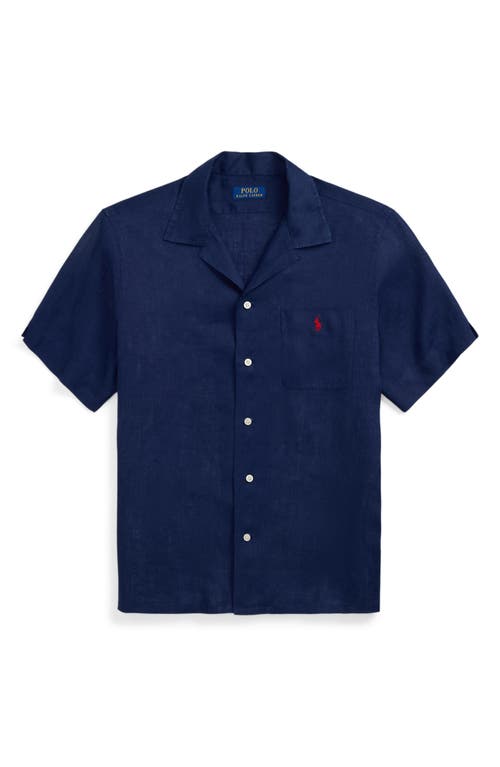 Polo Ralph Lauren Classic Fit Linen Camp Shirt Man Shirt Navy Blue Size L Linen In Newport Navy