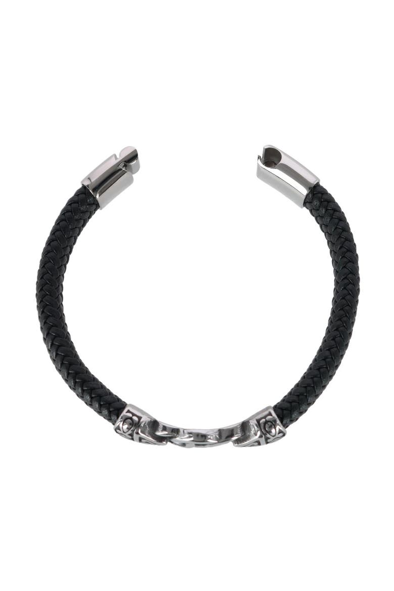 Silver Interlock Pattern on Black Leather Bracelet, Alternate, color, Black