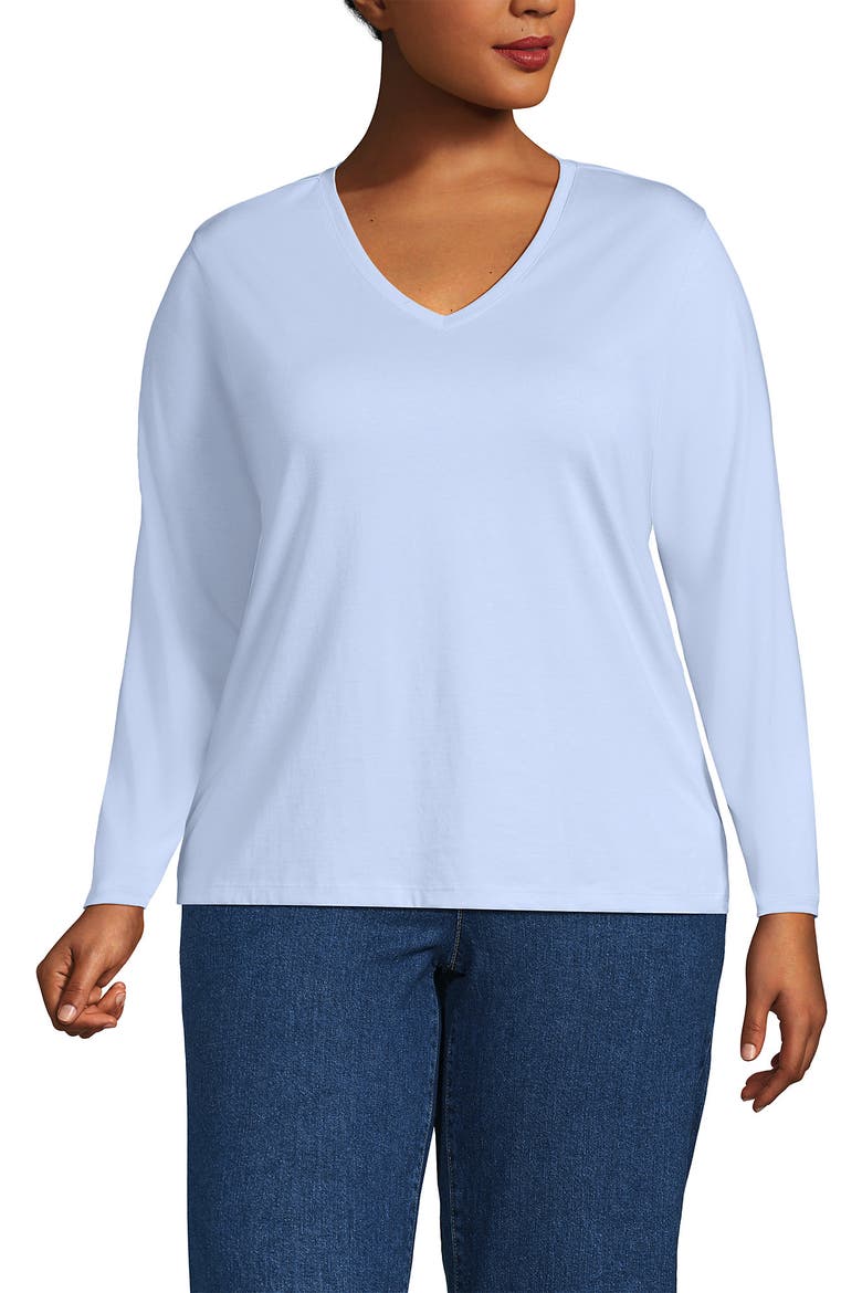 Plus Size Relaxed Supima Cotton Long Sleeve V-Neck T-Shirt, Main, color, Clearlake Blue