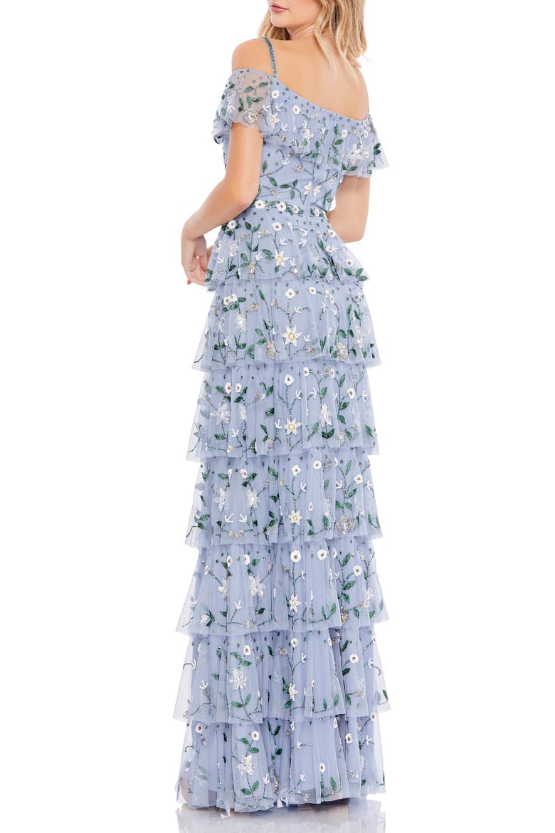 Beaded Floral Tiered Chiffon Column Gown, Alternate, color, STORMY BLUE