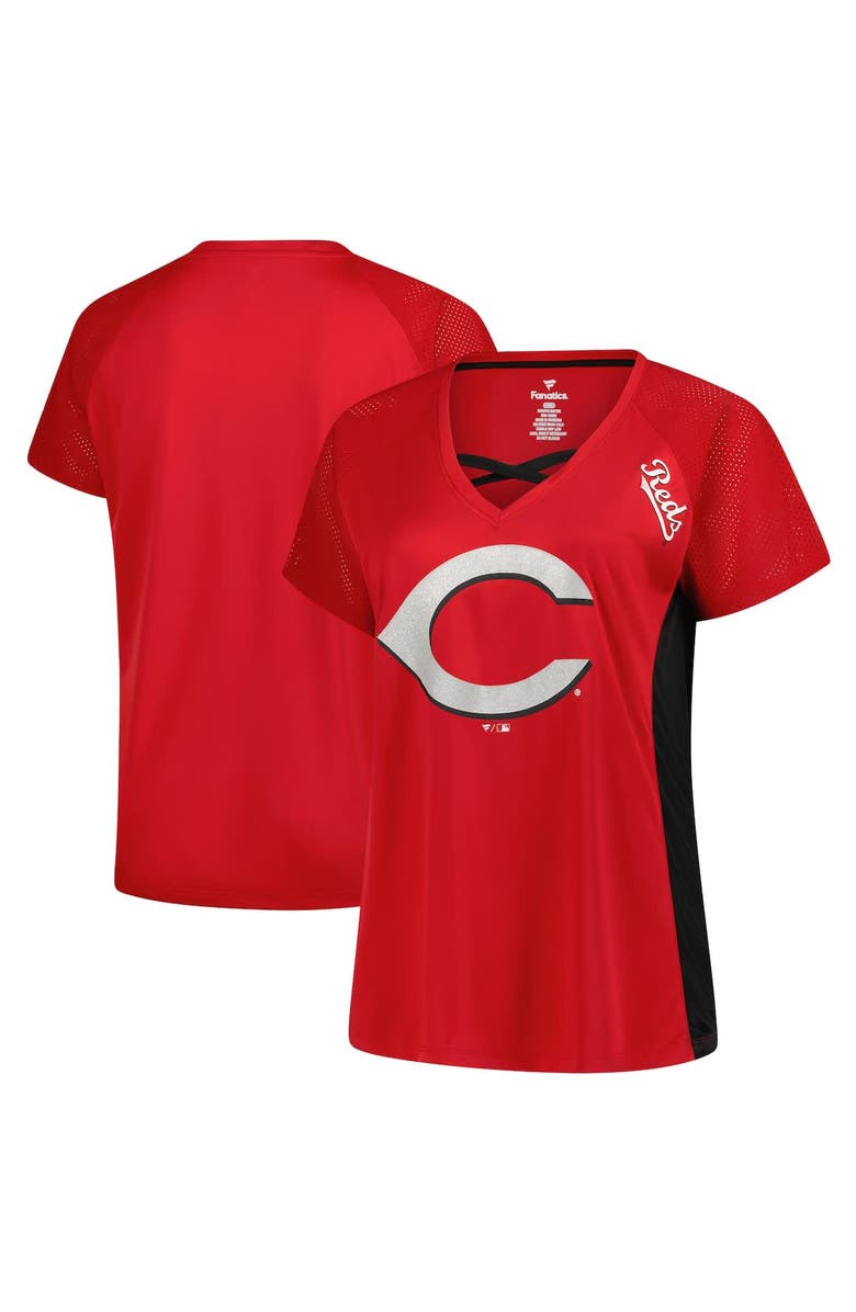 PROFILE Women's Profile  Red Cincinnati Reds Glitter Raglan V-Neck T-Shirt, Alternate, color, 
