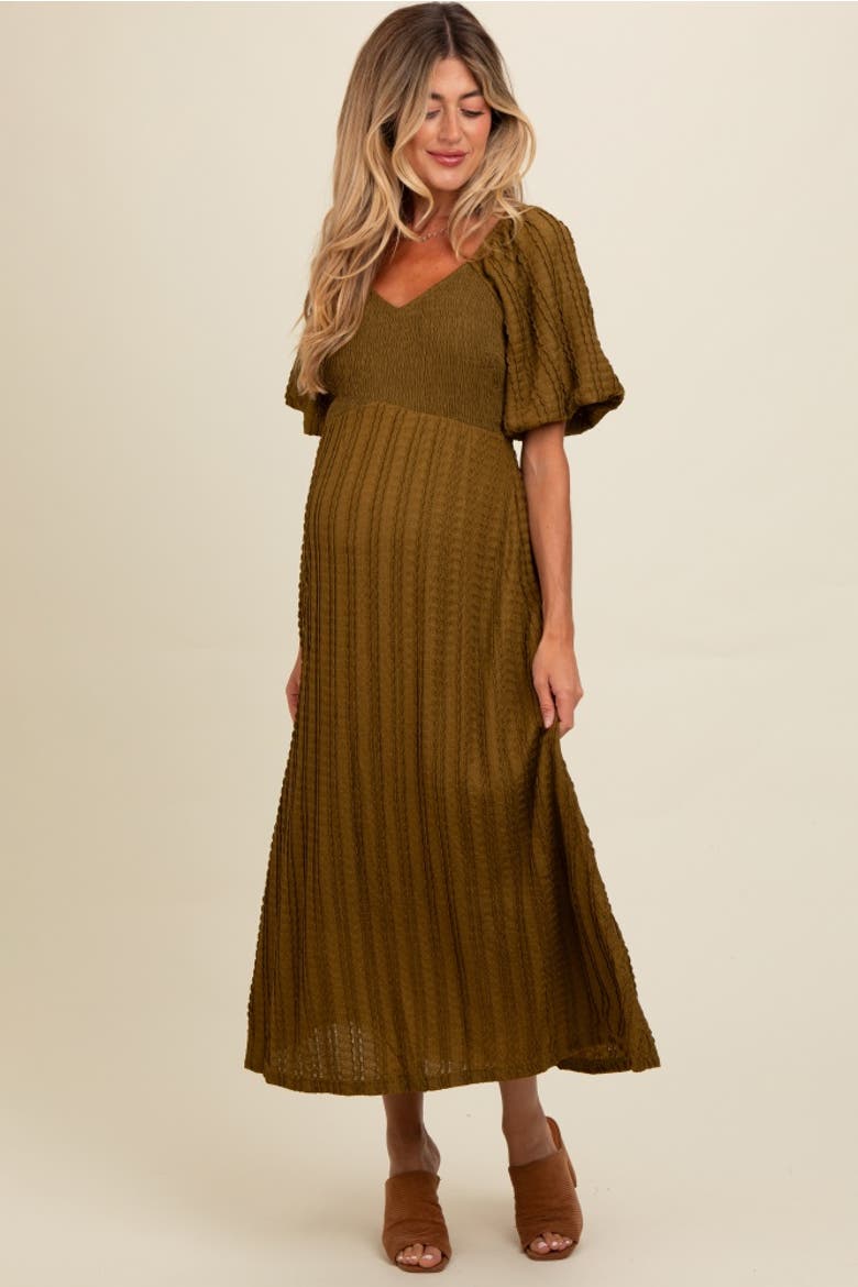 Smocked V-Neck Short Puff Sleeve Textured Midi Dress, Alternate, color, Olive Green