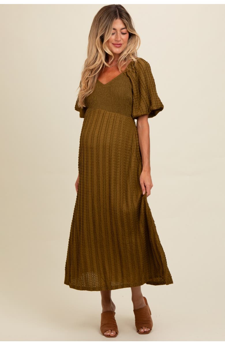 PinkBlush Smocked V-Neck Short Puff Sleeve Textured Midi Dress, Alternate, color, Olive Green