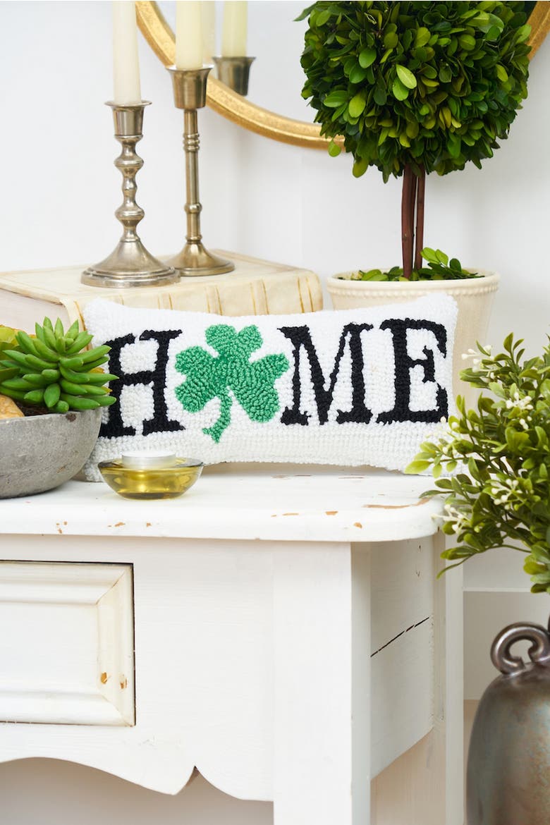3 Leaf Clover "HOME" Shamrock Hooked Mini Accent Pillow 6" x 12", Alternate, color, White