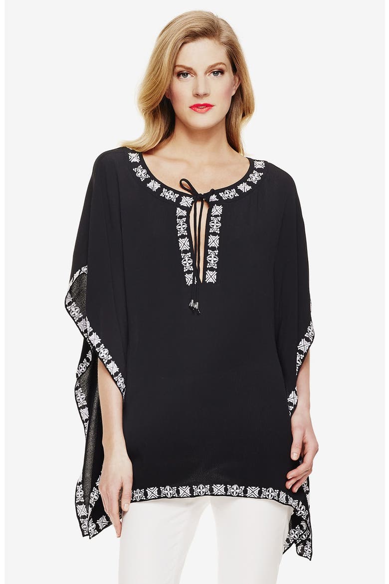 Embroidered Split Neck Poncho Top, Main, color, RICH BLACK