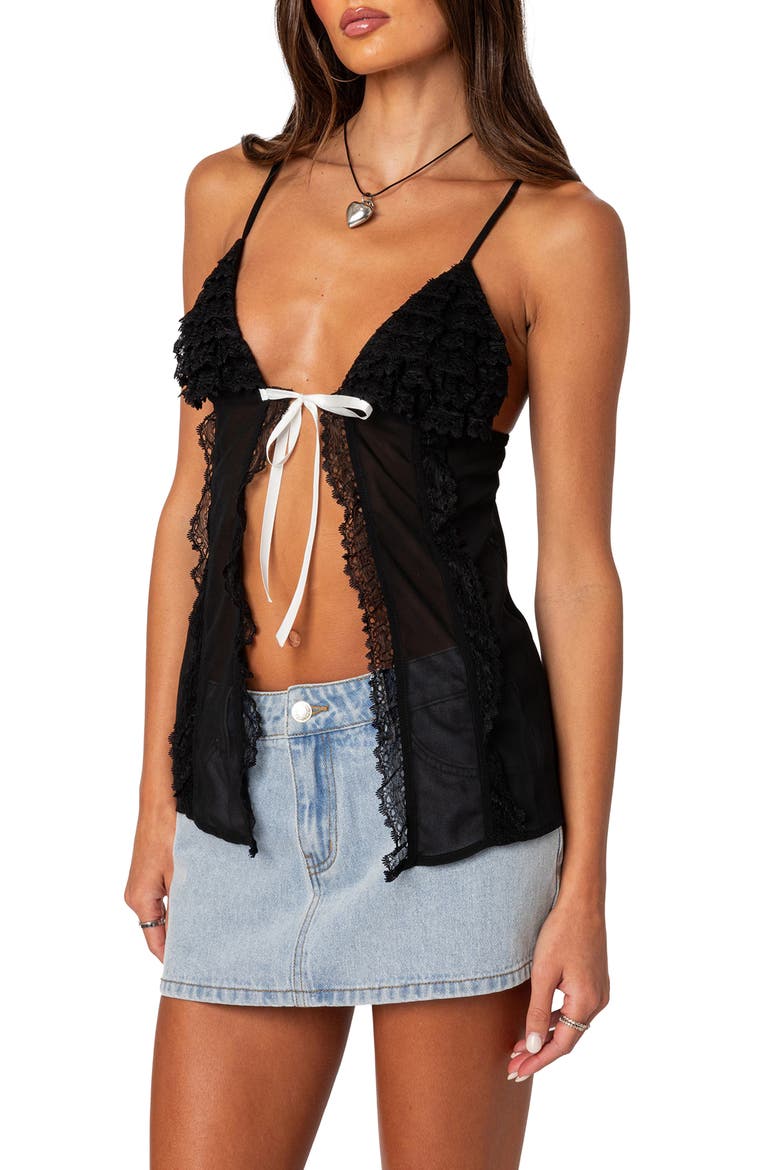 Linette Split Front Lace Trim Camisole, Alternate, color, BLACK