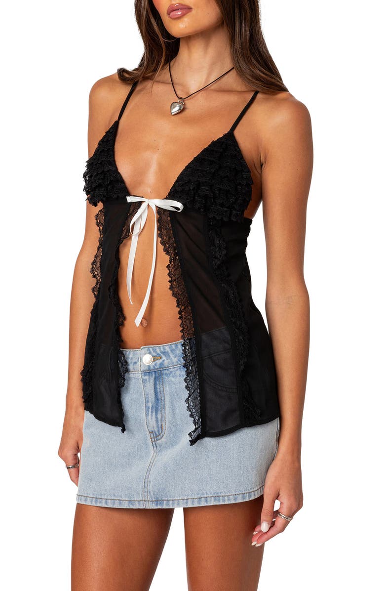 EDIKTED Linette Split Front Lace Trim Camisole, Alternate, color, Black