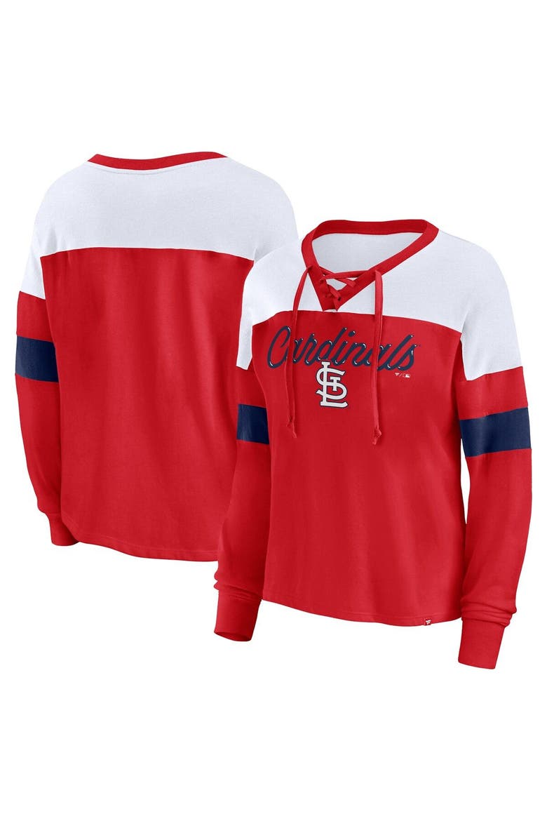 Women's Fanatics Branded Red/White St. Louis Cardinals Even Match Lace-Up Long Sleeve V-Neck T-Shirt, Main, color, Red