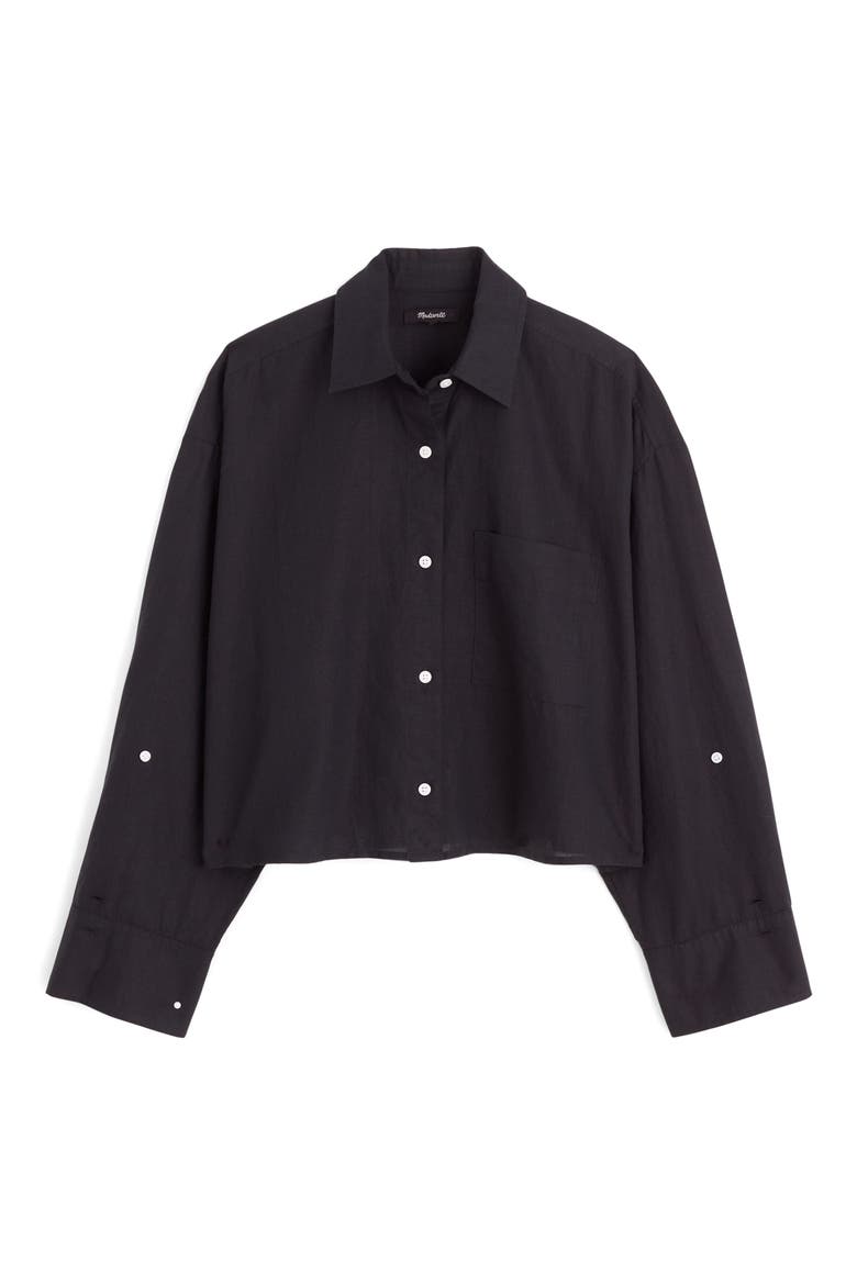 Straight Hem Crop Linen & Cotton Button-Up Shirt, Alternate, color, JET BLACK