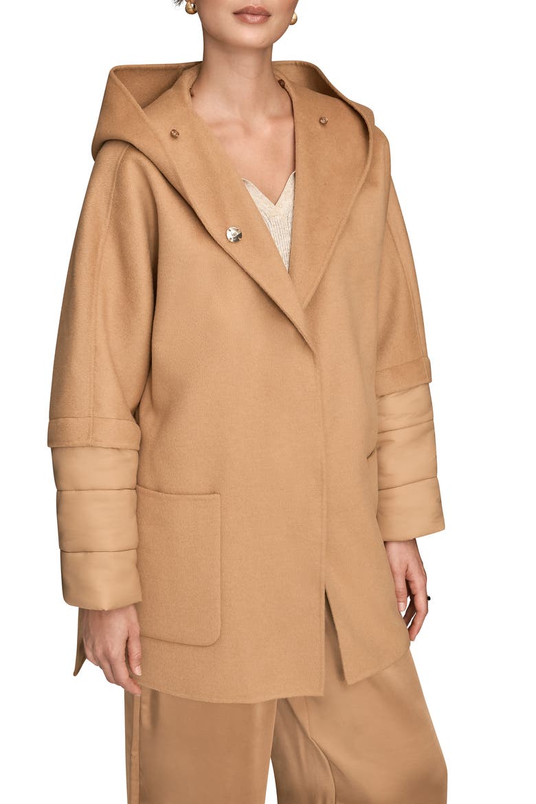 Mixed Media Puffer Sleeve Wool Blend Coat, Alternate, color, FAWN
