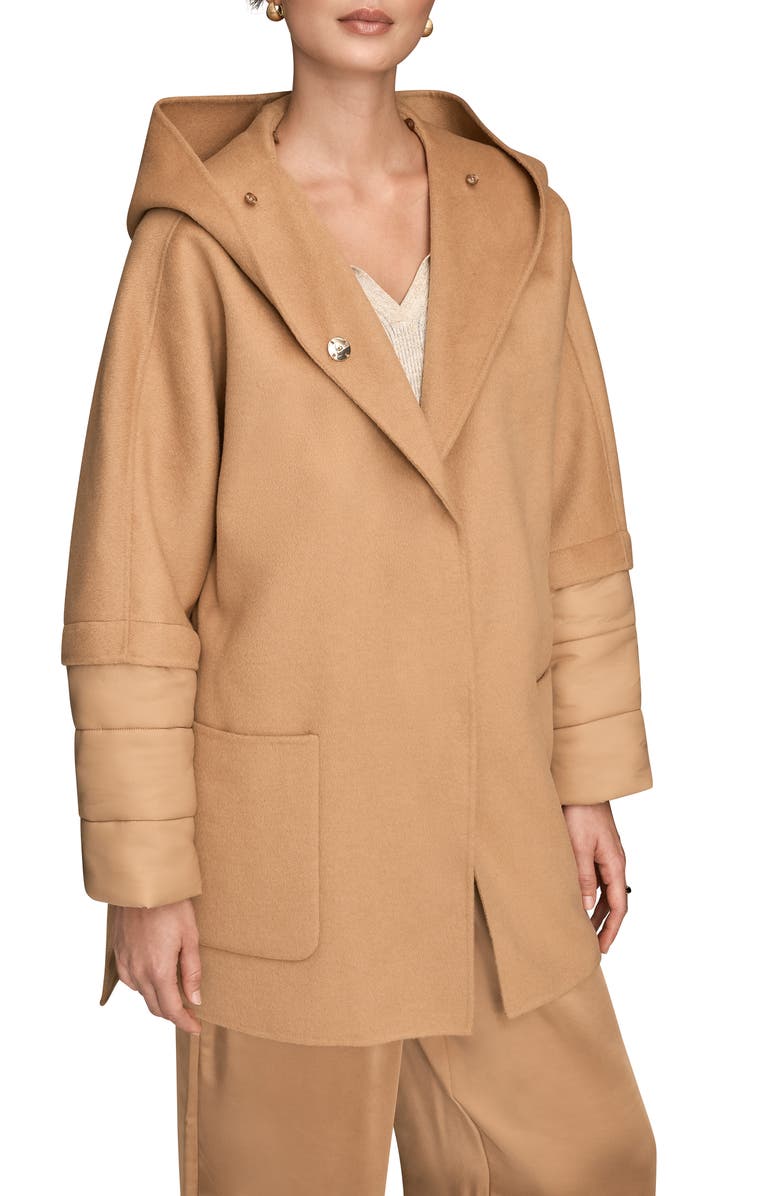 Donna Karan New York Mixed Media Puffer Sleeve Wool Blend Coat, Alternate, color, Fawn