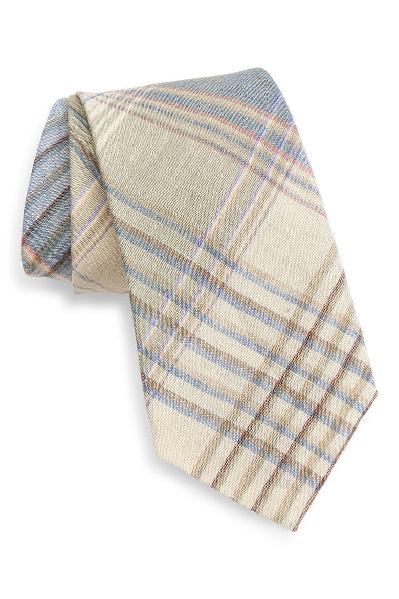 Plaid Linen Tie, Main, color, INFINITY BLUE