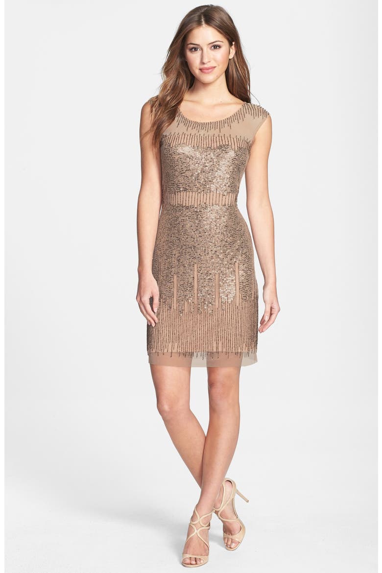 Illusion Yoke Beaded Sheath Dress, Alternate, color, TAUPE/ PINK