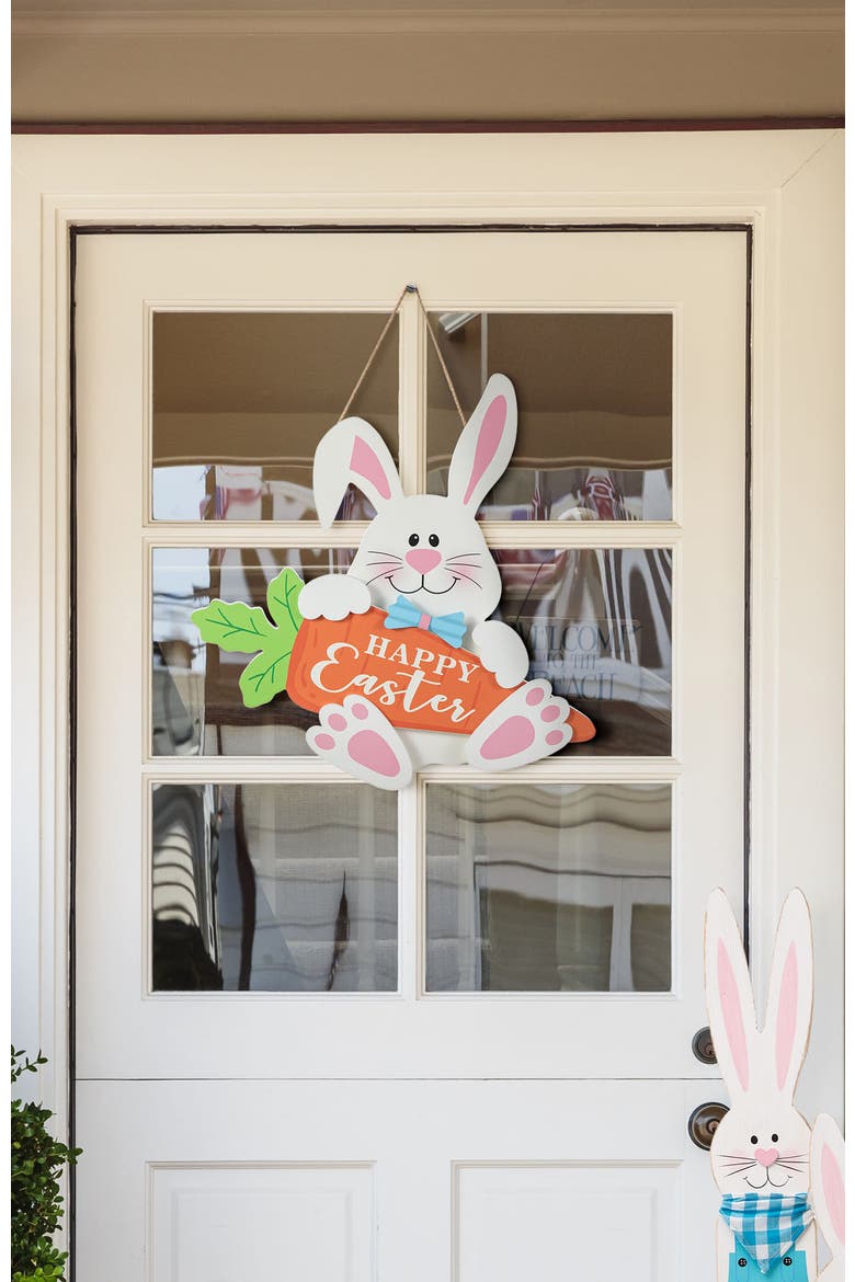 14"H Happy Easter Wooden Bunny and Carrot Door Hanger, Alternate, color, White