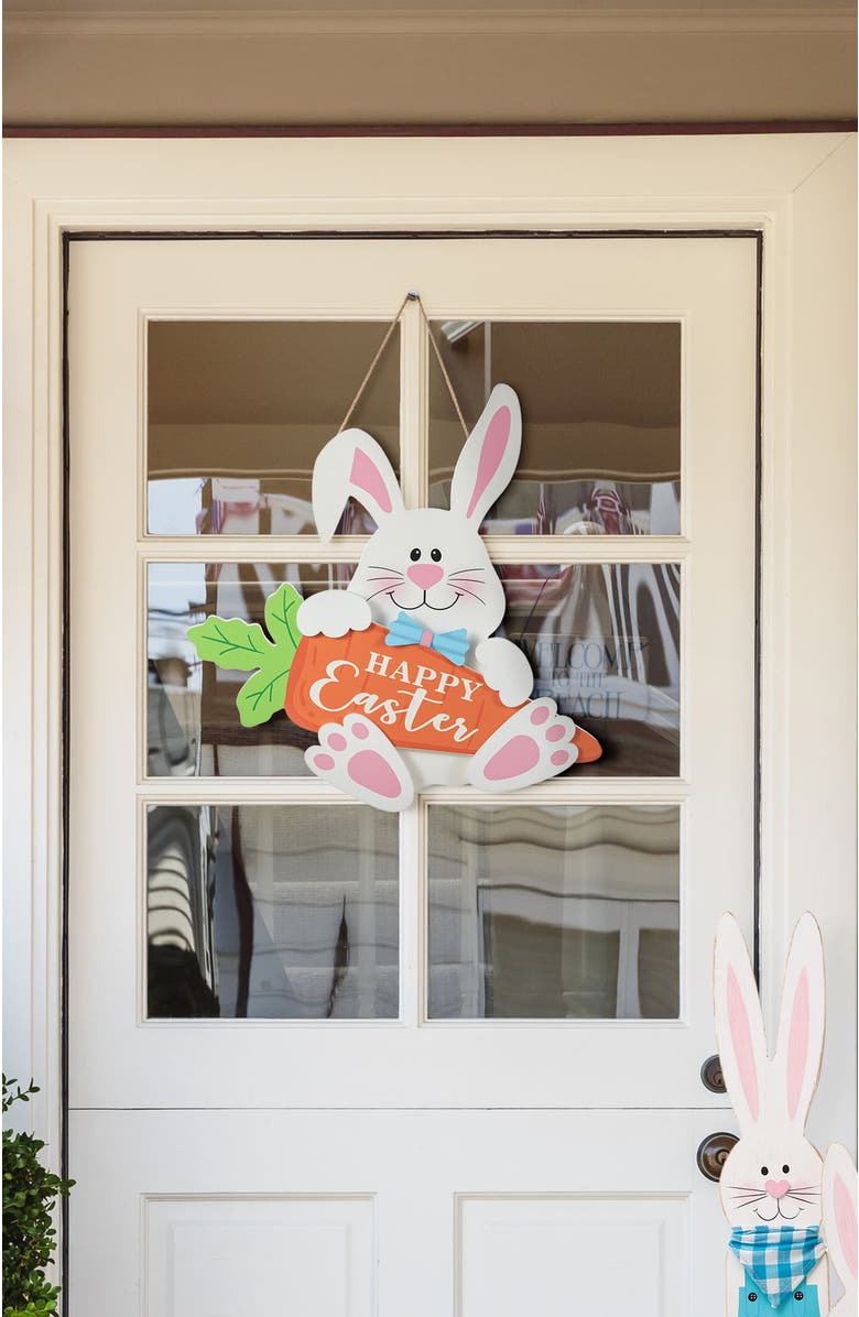 Glitzhome 14"H Happy Easter Wooden Bunny and Carrot Door Hanger, Alternate, color, White