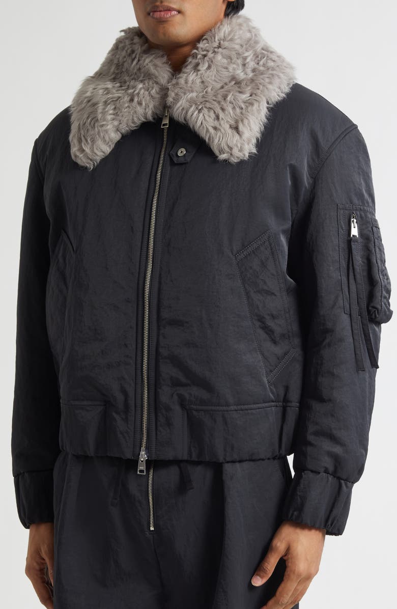AMI PARIS Padded Water Repellent Bomber Jacket with Detachable Genuine Shearling Collar, Alternate, color, Anthracite