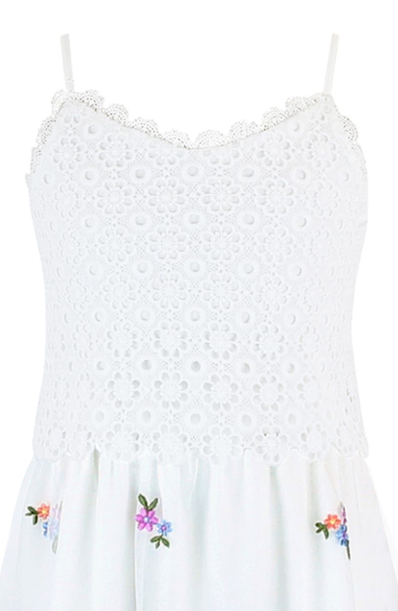 Zunie Kids' Crochet Bodice Floral Embroidered Tiered Mesh Maxi Dress, Alternate, color, White