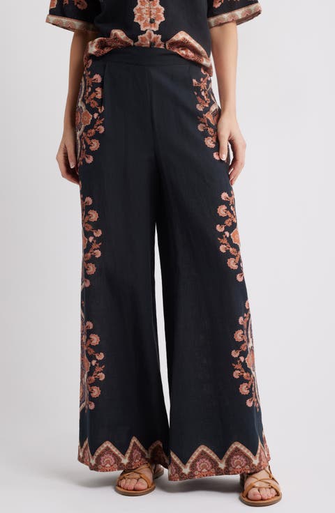 Martin Medallion Print Cotton & Linen Wide Leg Pants