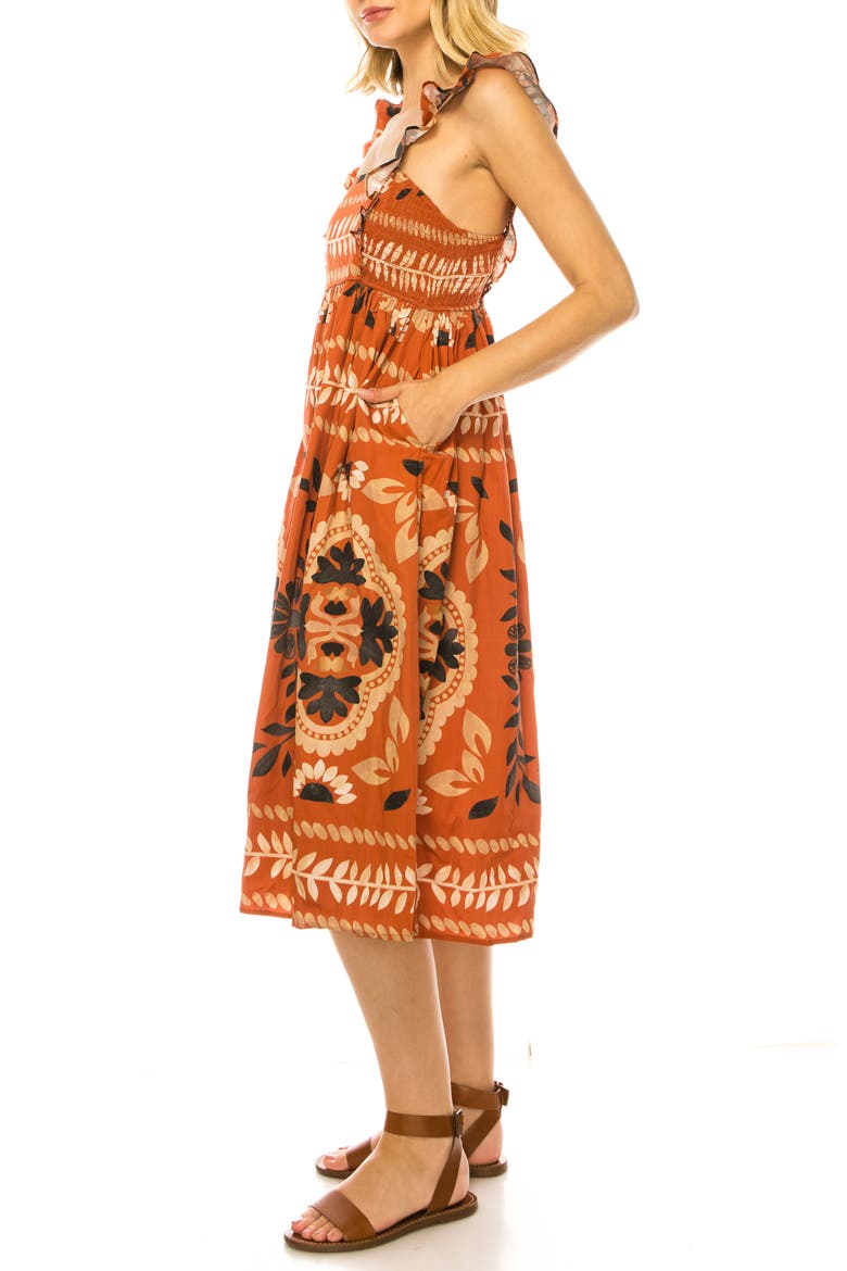 Printed Flutter Sleeve Midi Dress, Alternate, color, ROOIBOS TEA