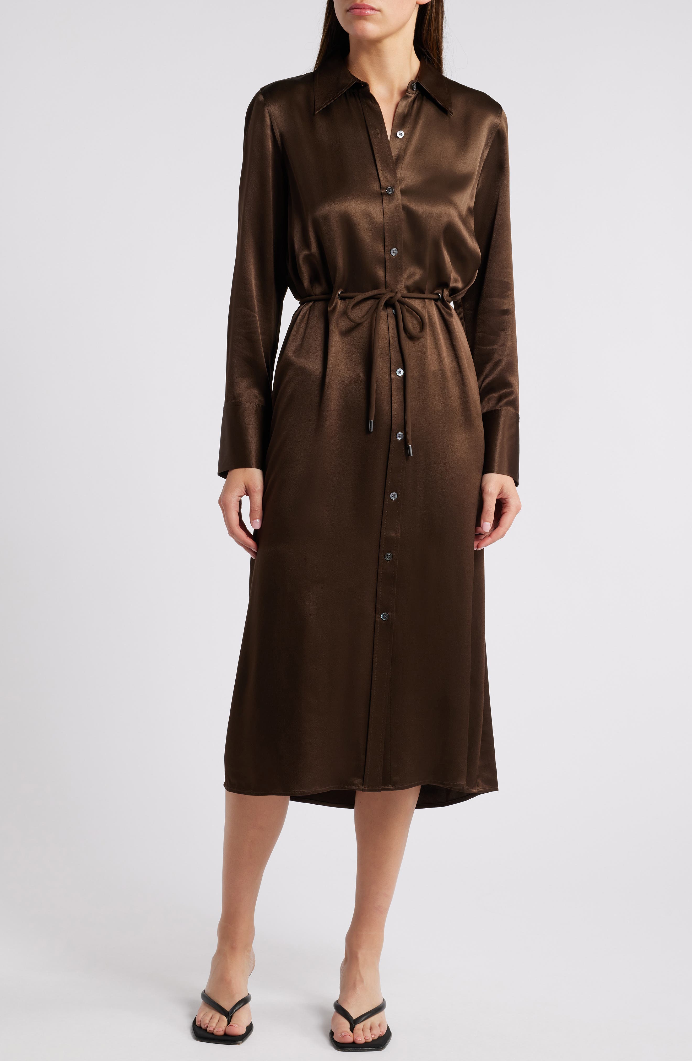 Rails Anina Tie Waist Long Sleeve Satin Midi Shirtdress