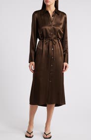 Rails Anina Tie Waist Long Sleeve Satin Midi Shirtdress
