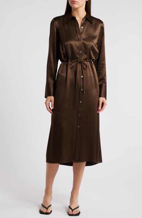 Rails Anina Tie Waist Long Sleeve Satin Midi Shirtdress