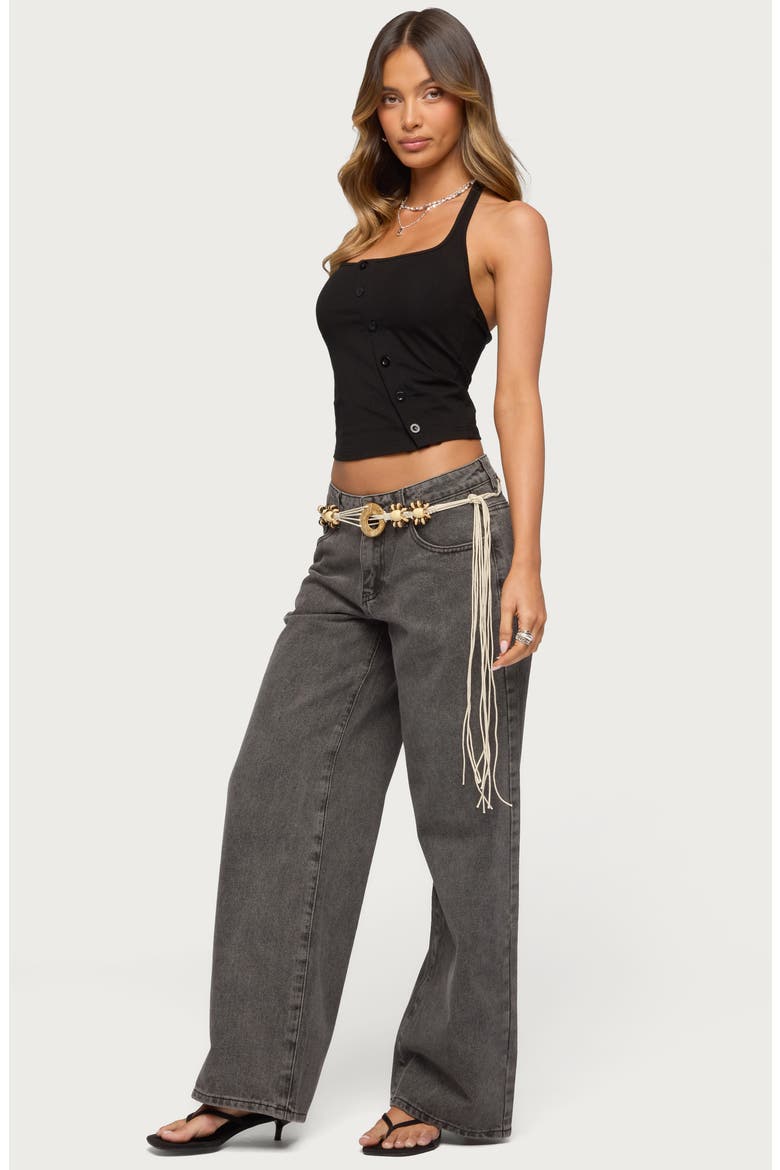 Asymmetric Button Halter Top, Alternate, color, BLACK