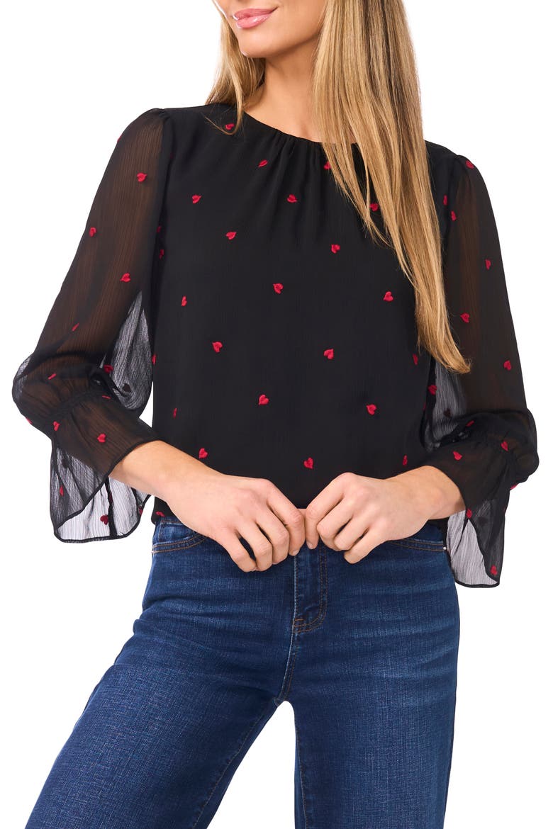 Embroidered Heart Bell Sleeve High-Low Top, Main, color, RICH BLACK