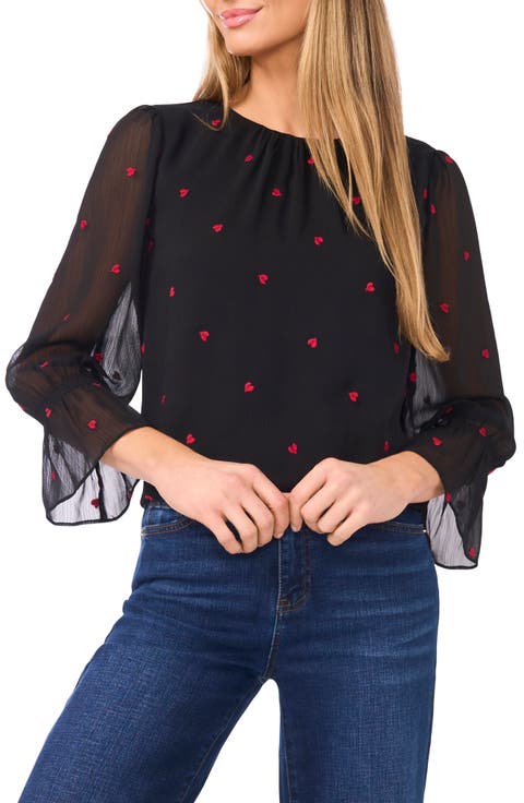 Embroidered Heart Bell Sleeve High-Low Top