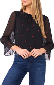 CeCe Embroidered Heart Bell Sleeve High-Low Top