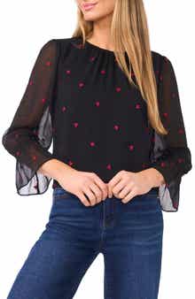 CeCe Embroidered Heart Bell Sleeve High-Low Top
