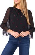 CeCe Embroidered Heart Bell Sleeve High-Low Top