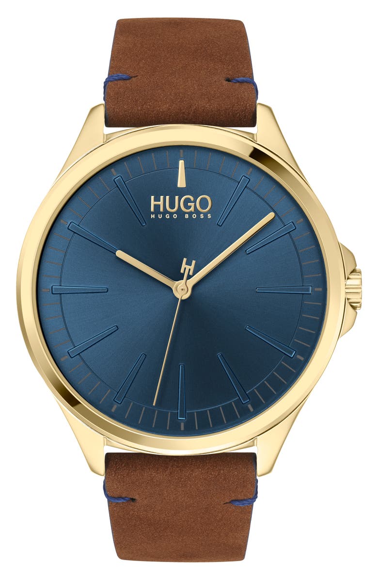 BOSS HUGO Smash Leather Strap Watch, 43mm, Main, color,