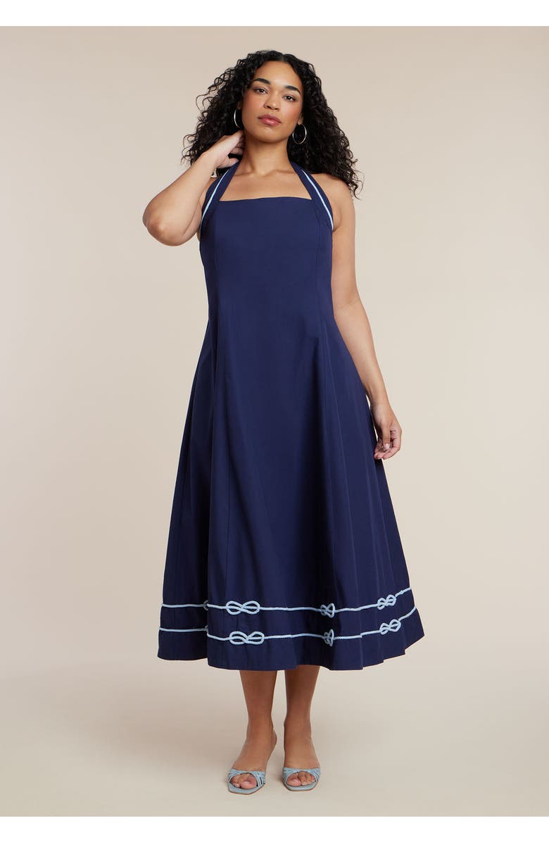 ELOQUII Halter Neck Poplin Midi Dress, Alternate, color, Evening Blue