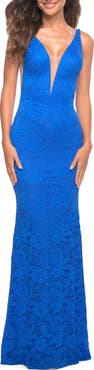 La Femme Chic Stretch Lace Gown with Deep V Neckline