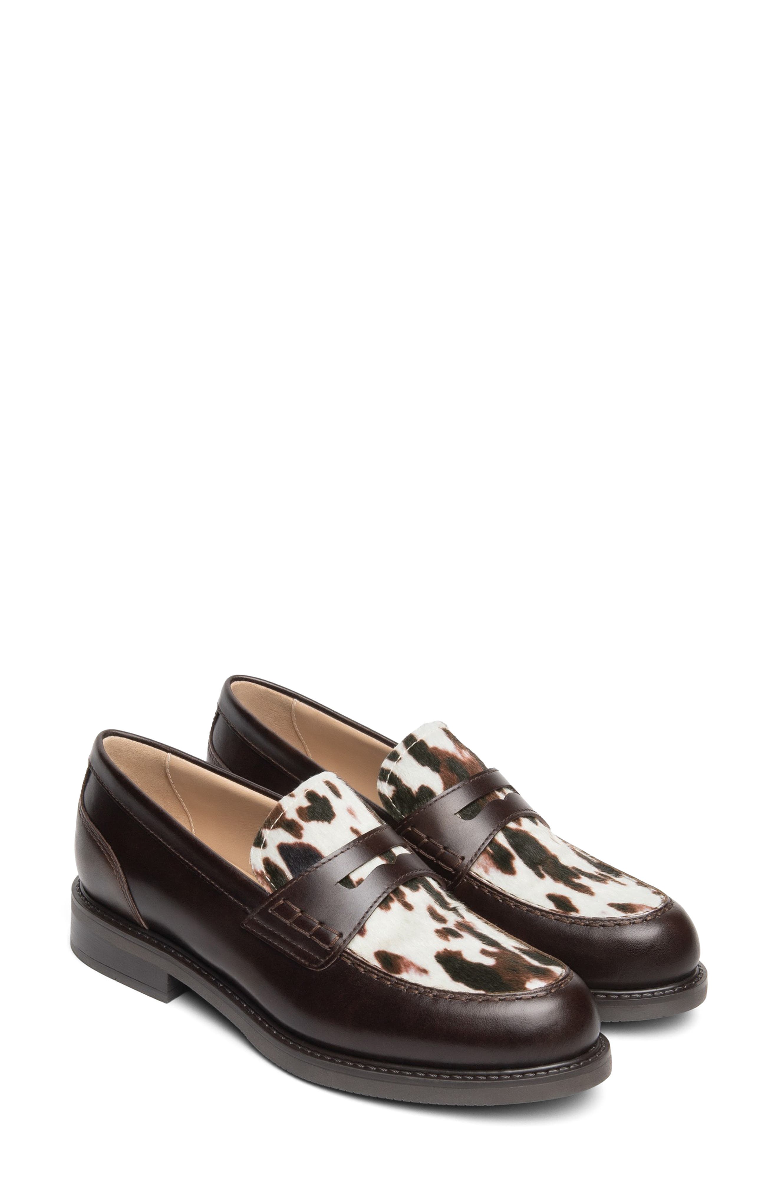 Leather Penny Loafer, Main, color, CHOCOLATE/ COW PRINT