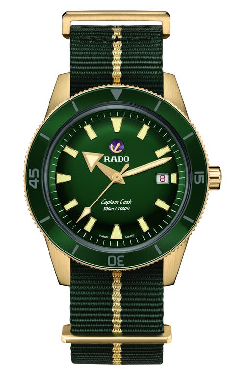 RADO Captain Cook Bronze Automatic Webbing Strap Watch, 42mm in Green at Nordstrom