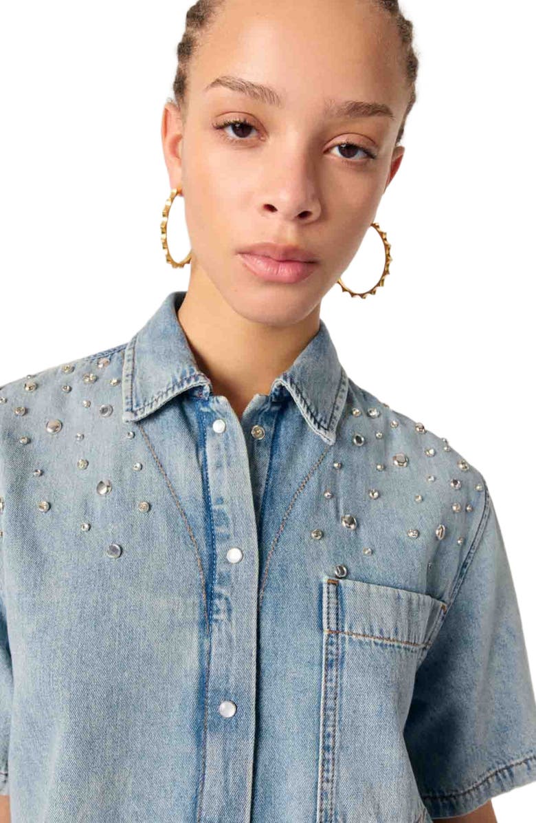 maje Studded denim shirt, Alternate, color,